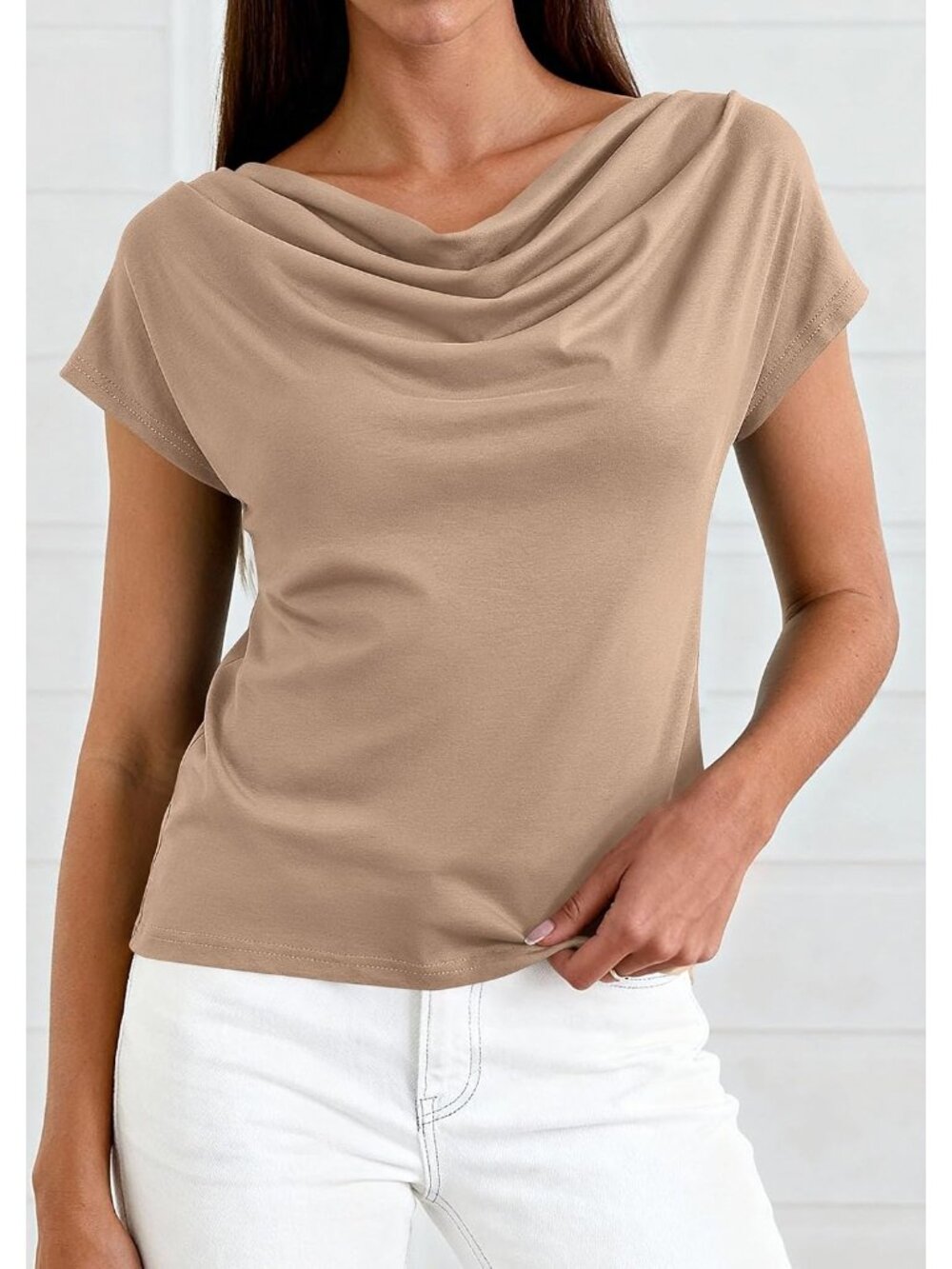 Women's Dressy Casual Khaki Summer Cowl Neck Short Sleeve Tops Spring Shirt - Picture 2 of 6